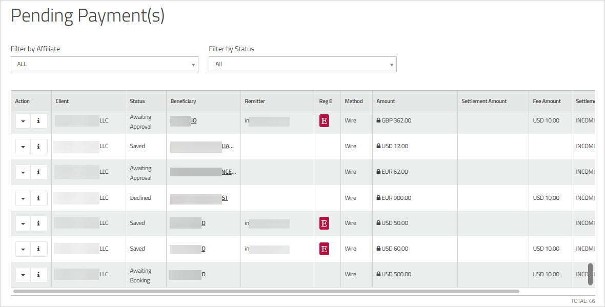 Pending payments page